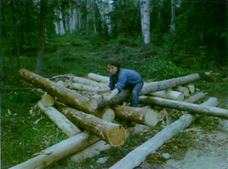 Peeling the logs that will be used on the cabin.